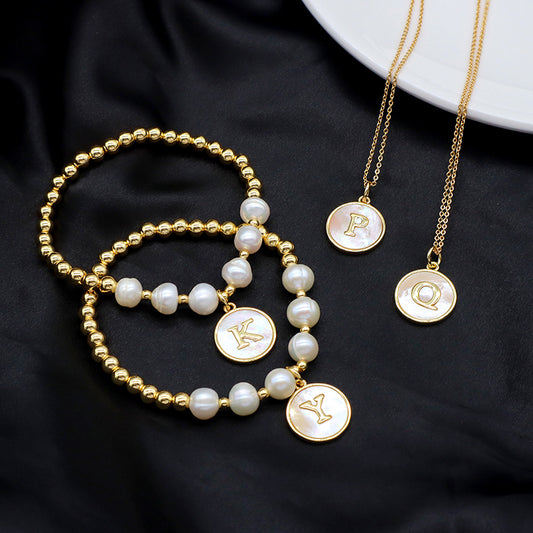 New Design Custom Wholesale Handmade Friendship Jewlly Set Gold Plated Brass Bead Women Gift Natural Fresh Water Pearl Bracelet And Necklace With Letters Shell Pendant
