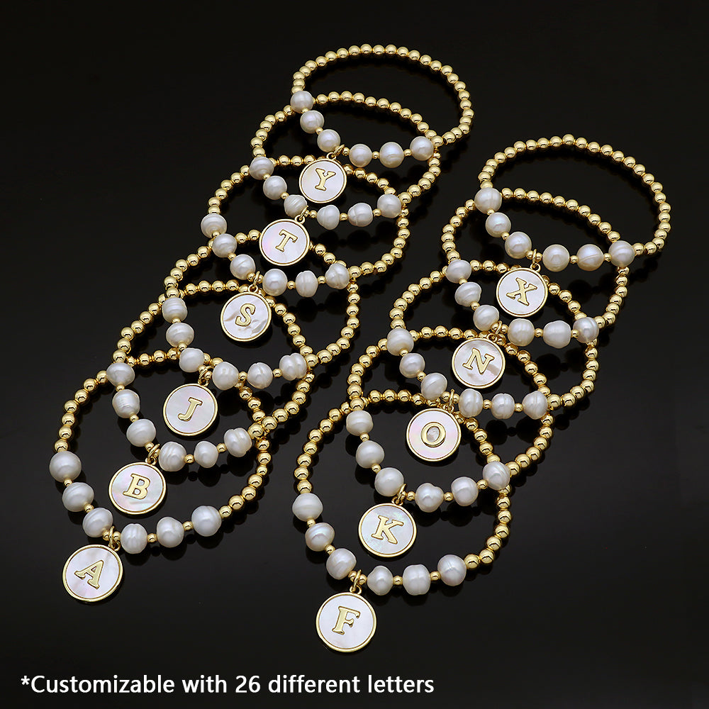 New Design Custom Wholesale Handmade Friendship Gold Plated Brass Bead Women Gift Natural Fresh Water Pearl Bracelet With Letters Shell Pendant