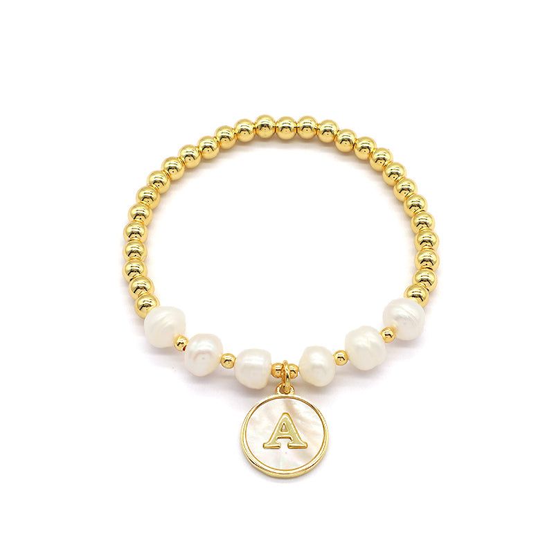 New Design Custom Wholesale Handmade Friendship Gold Plated Brass Bead Women Gift Natural Fresh Water Pearl Bracelet With Letters Shell Pendant