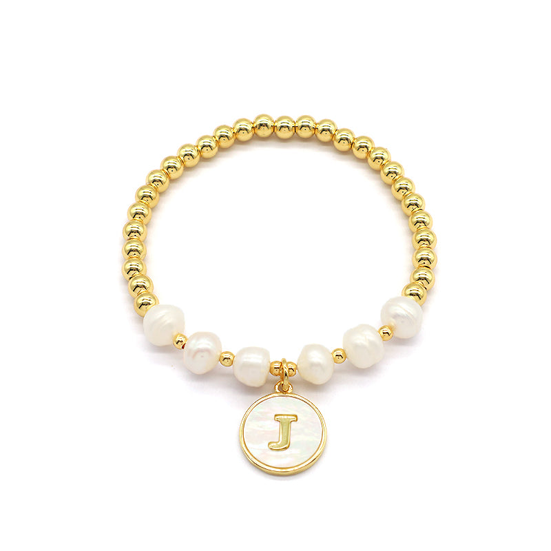 New Design Custom Wholesale Handmade Friendship Gold Plated Brass Bead Women Gift Natural Fresh Water Pearl Bracelet With Letters Shell Pendant