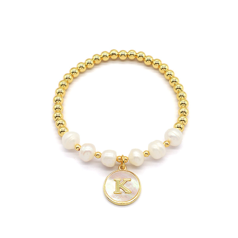 New Design Custom Wholesale Handmade Friendship Gold Plated Brass Bead Women Gift Natural Fresh Water Pearl Bracelet With Letters Shell Pendant
