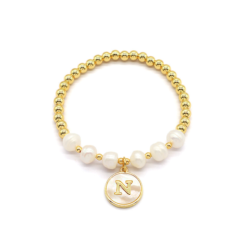New Design Custom Wholesale Handmade Friendship Gold Plated Brass Bead Women Gift Natural Fresh Water Pearl Bracelet With Letters Shell Pendant