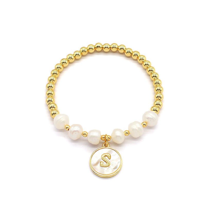 New Design Custom Wholesale Handmade Friendship Gold Plated Brass Bead Women Gift Natural Fresh Water Pearl Bracelet With Letters Shell Pendant