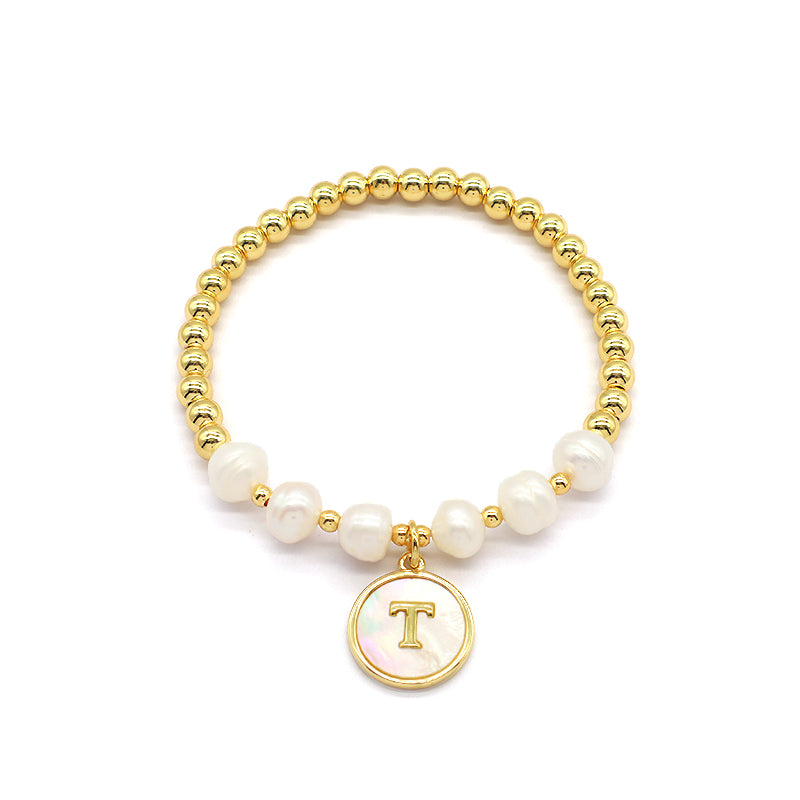 New Design Custom Wholesale Handmade Friendship Gold Plated Brass Bead Women Gift Natural Fresh Water Pearl Bracelet With Letters Shell Pendant