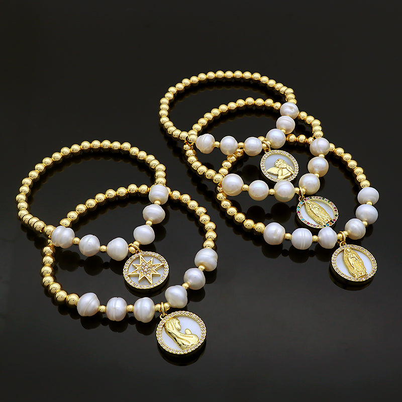 New Design OEM Wholesale Fashion Customized Factory Brass Beads CZ Shell Pendant Natural Fresh Water Pearl Bracelet For Women Gift