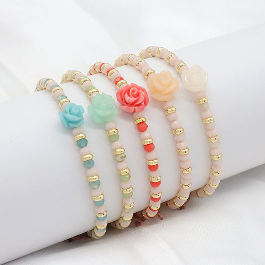Newest Wholesale Custom Handmade Macrame Adjustable Resin Flower Charm Glass Crystal Beads Bracelet For Women
