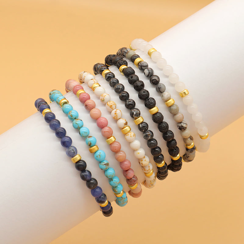 Custom Wholesale Trendy Manufacture Gemstone Gold Plated 5mm Natural Stone Beads Elastic Handmade Bracelet