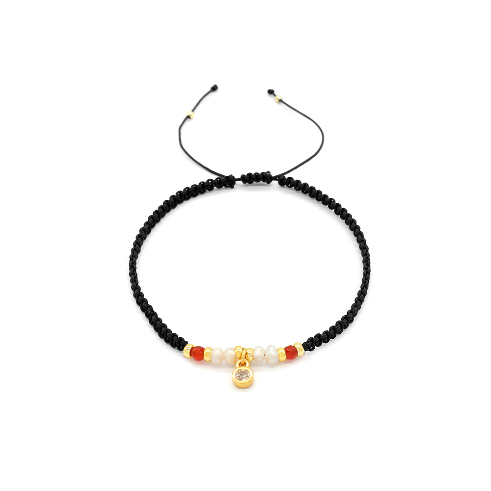 Natural Stone Fresh Water Pearl Braided Wire Bracelet With CZ Silver Charms