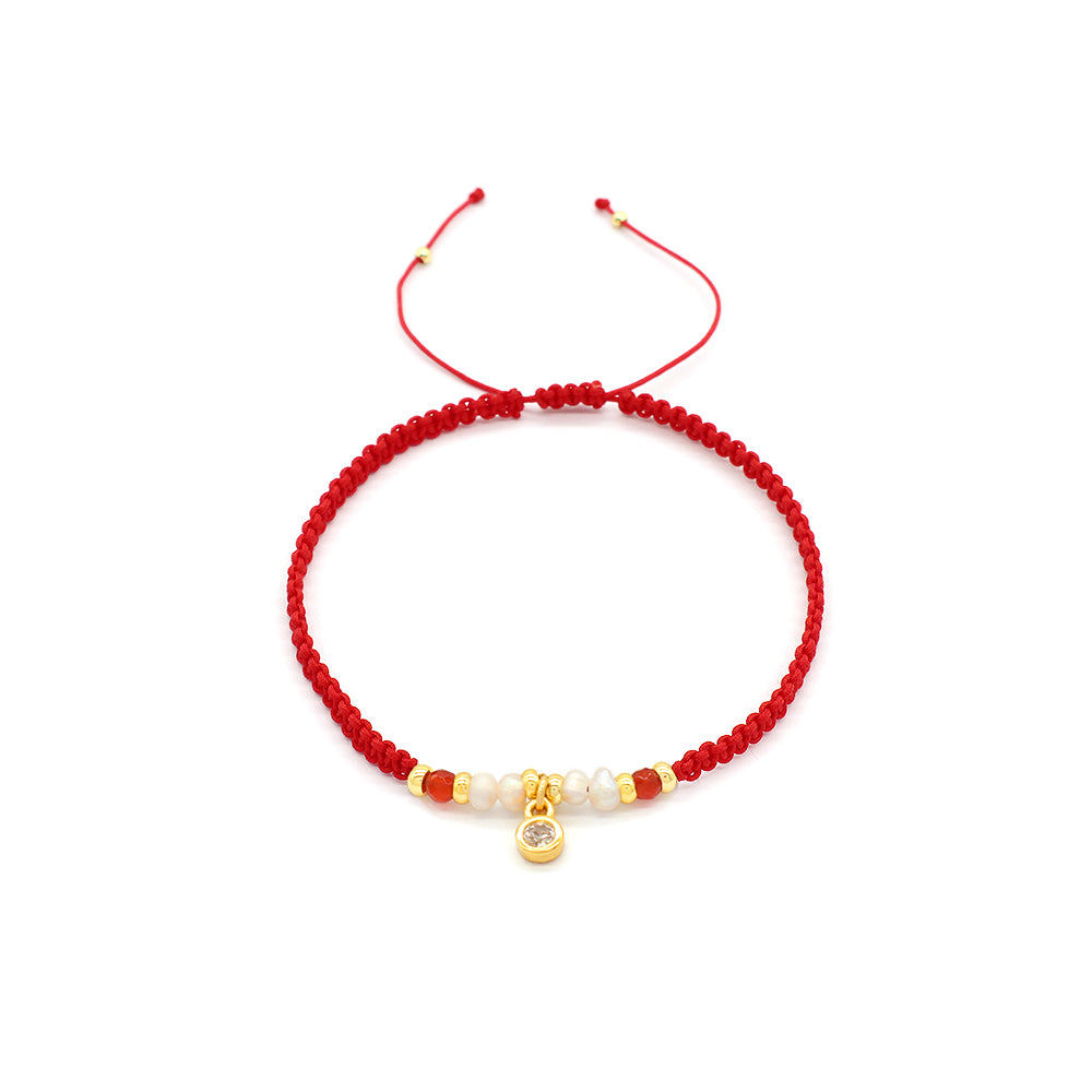 Natural Stone Fresh Water Pearl Braided Wire Bracelet With CZ Silver Charms