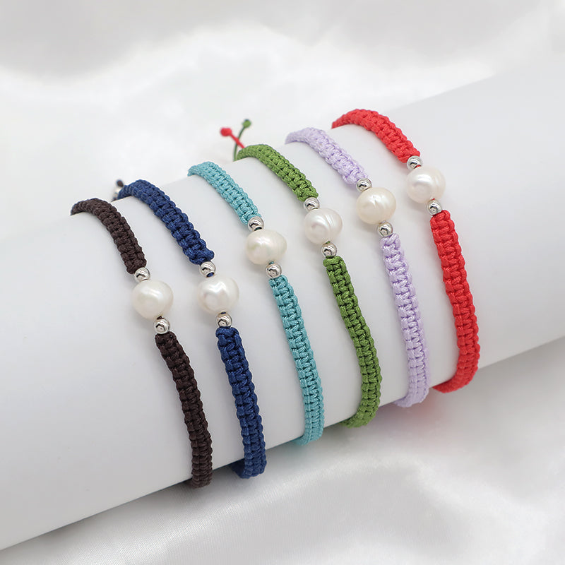 Handmade OEM Wholesale Custom Manufacture Adjustable Hand-woven Thread 925 Sterling Silver Beads Fresh Water Pearl Charms Jewelry Bangle Bracelet