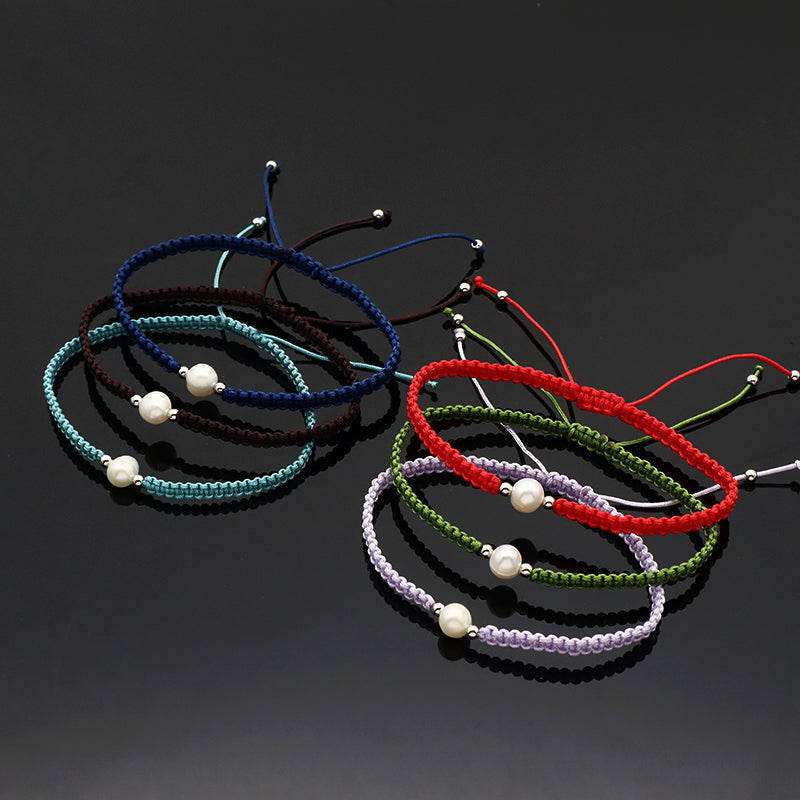 Handmade OEM Wholesale Custom Manufacture Adjustable Hand-woven Thread 925 Sterling Silver Beads Fresh Water Pearl Charms Jewelry Bangle Bracelet