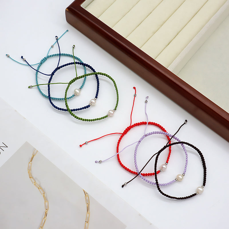 Handmade OEM Wholesale Custom Manufacture Adjustable Hand-woven Thread 925 Sterling Silver Beads Fresh Water Pearl Charms Jewelry Bangle Bracelet