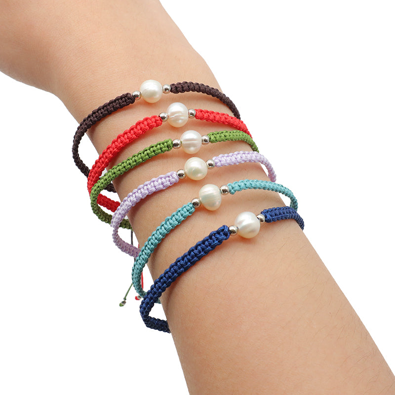 Handmade OEM Wholesale Custom Manufacture Adjustable Hand-woven Thread 925 Sterling Silver Beads Fresh Water Pearl Charms Jewelry Bangle Bracelet
