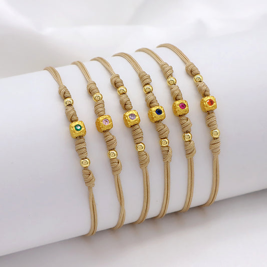 Wholesale Custom Handmade OEM Manufacture Adjustable Hand-Woven Thread Brass Charms Braided Cotton Wire Bracelet Jewelry Bangle Bracelet