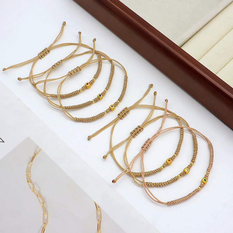 Wholesale Custom Handmade OEM Manufacture Adjustable Hand-Woven Thread Brass Charms Braided Cotton Wire Bracelet Jewelry Bangle Bracelet