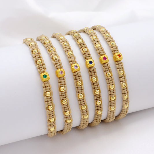 Wholesale Custom Handmade OEM Manufacture Adjustable Hand-Woven Thread Brass Charms Braided Cotton Wire Bracelet Jewelry Bangle Bracelet