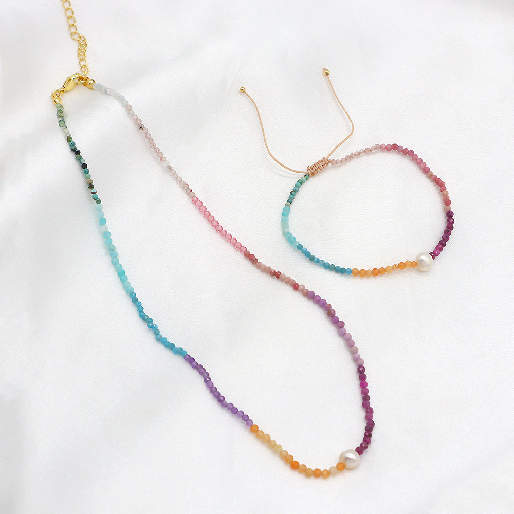 Multi-color Natural Stone Beads Handmade Macrame Bracelet With Fresh Water Pearl