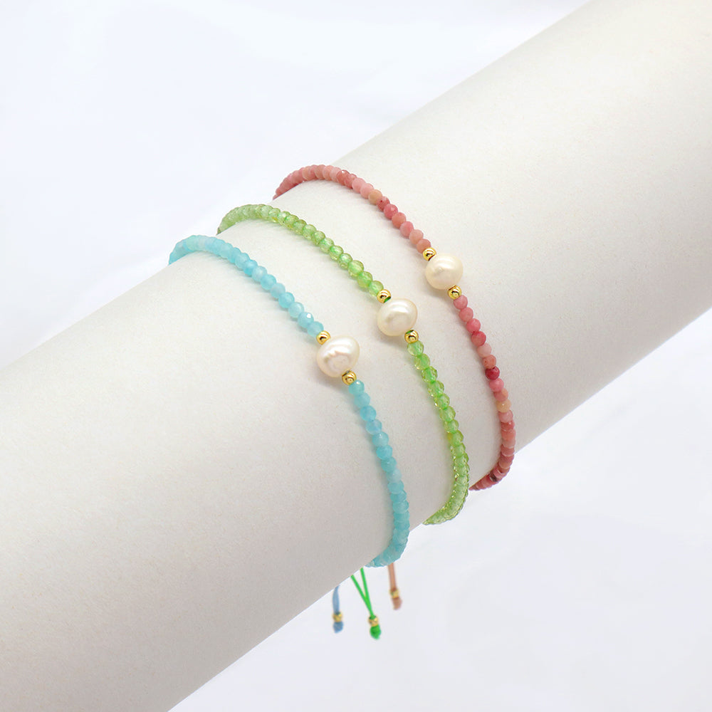Multi-color Natural Stone Beads Handmade Macrame Bracelet With Fresh Water Pearl