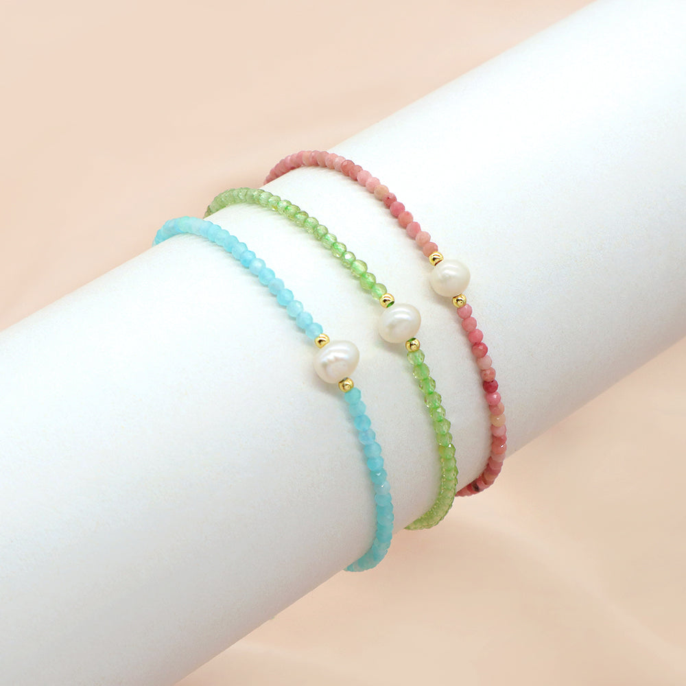 Multi-color Natural Stone Beads Handmade Macrame Bracelet With Fresh Water Pearl