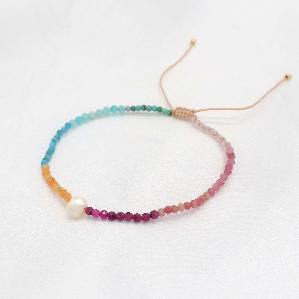 Multi-color Natural Stone Beads Handmade Macrame Bracelet With Fresh Water Pearl