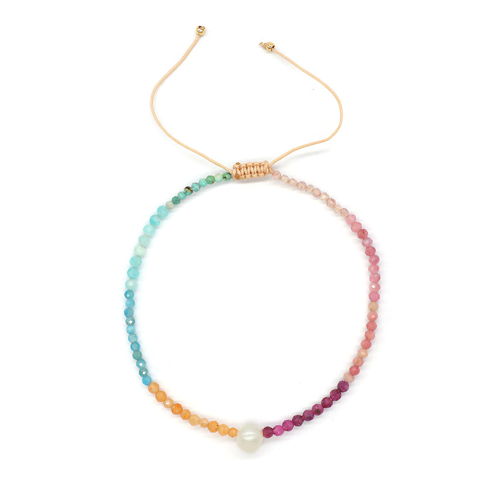 Multi-color Natural Stone Beads Handmade Macrame Bracelet With Fresh Water Pearl