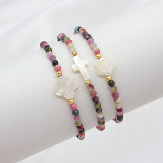 Tourmaline Natural Stone Shell Charms With 925 Sterling Silver Beads Elastic Bracelet
