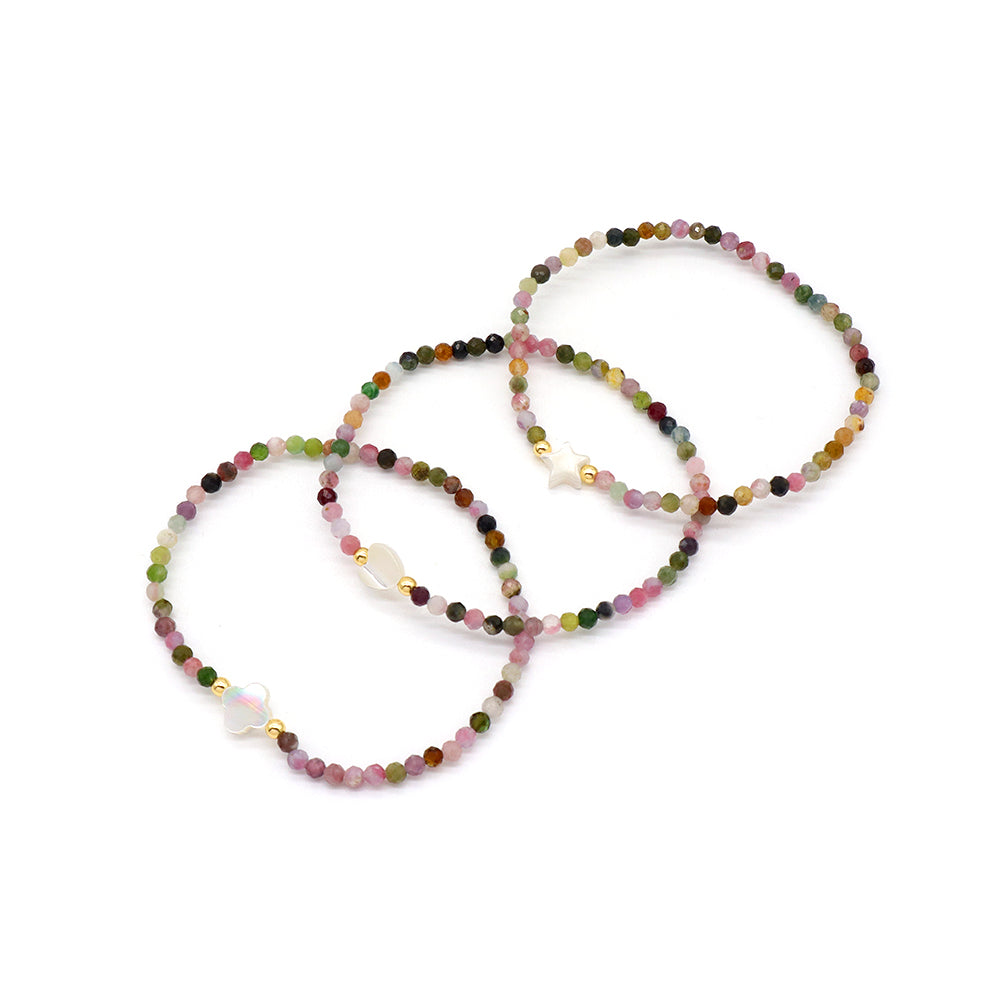 Tourmaline Natural Stone Shell Charms With 925 Sterling Silver Beads Elastic Bracelet