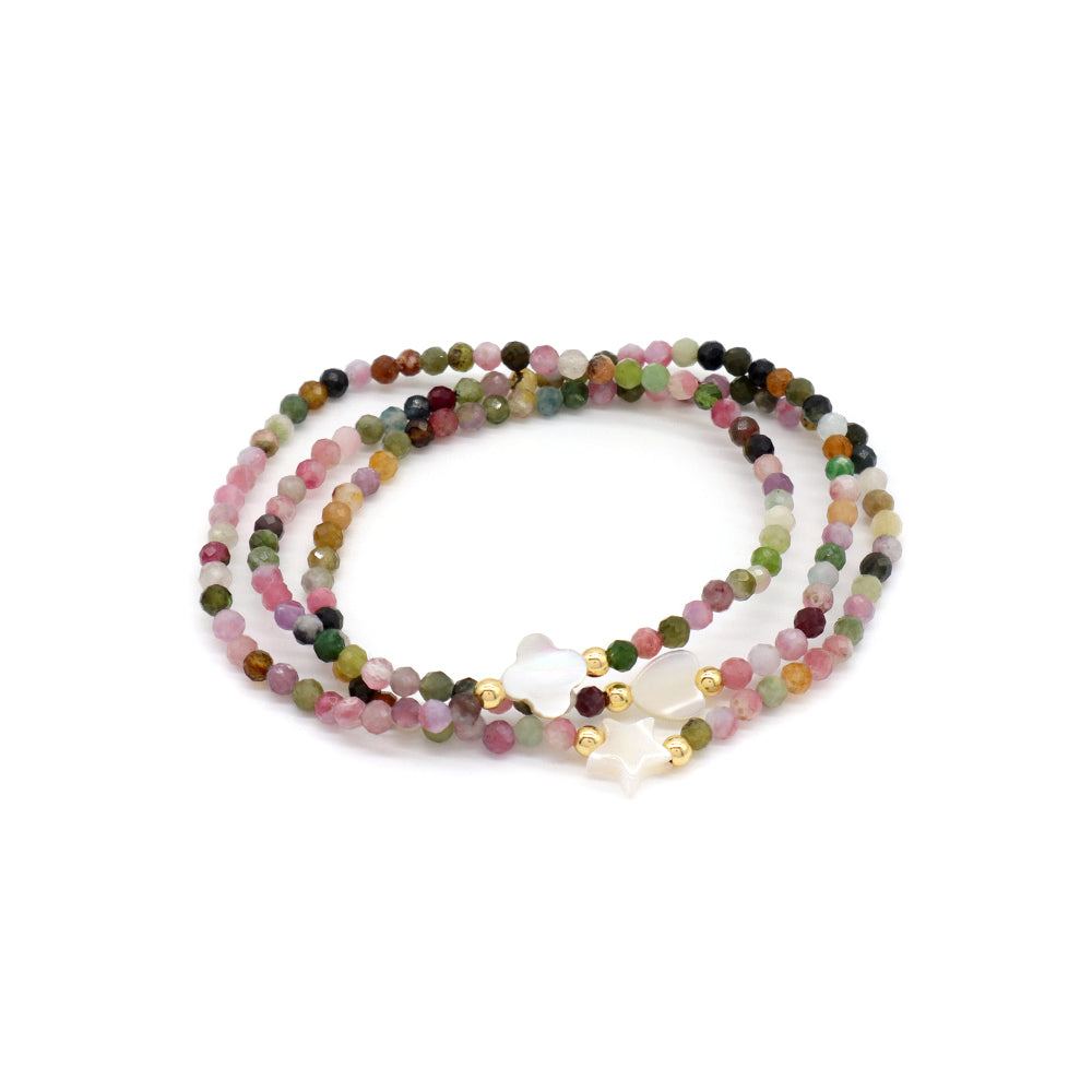 Tourmaline Natural Stone Shell Charms With 925 Sterling Silver Beads Elastic Bracelet