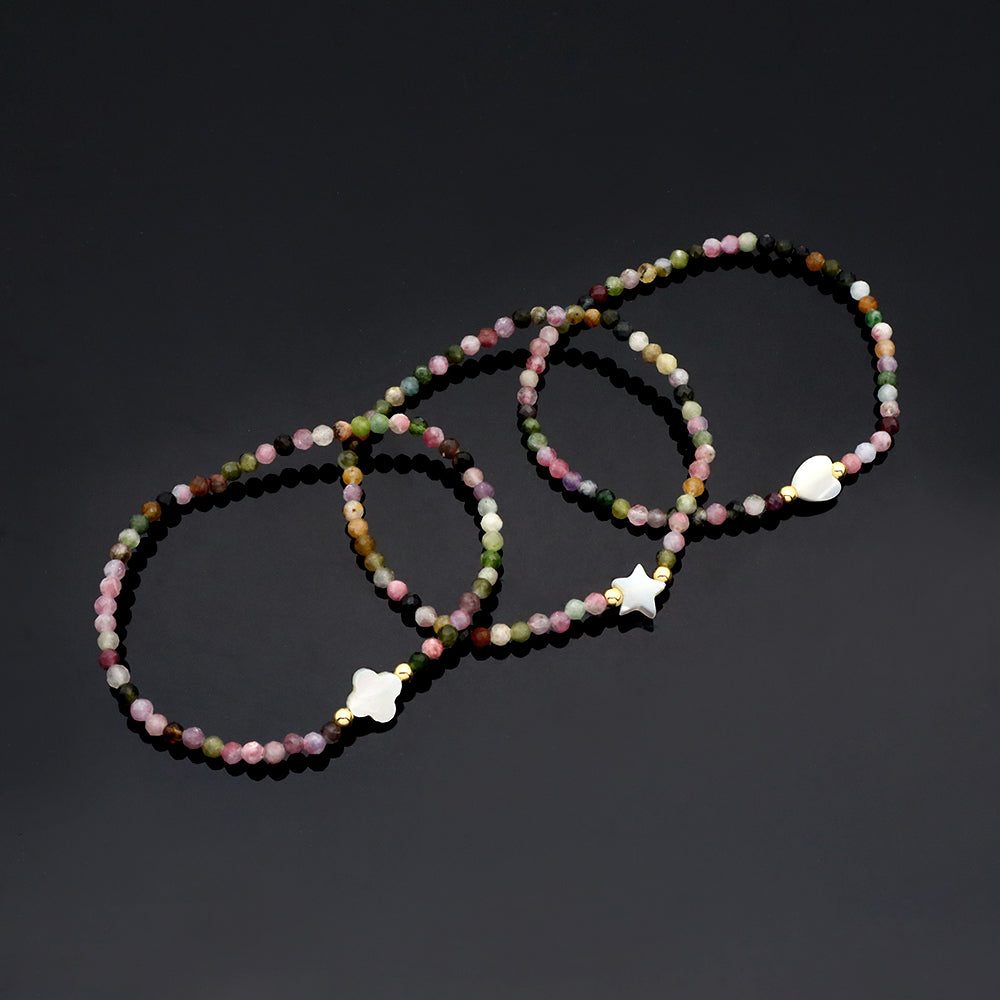 Tourmaline Natural Stone Shell Charms With 925 Sterling Silver Beads Elastic Bracelet