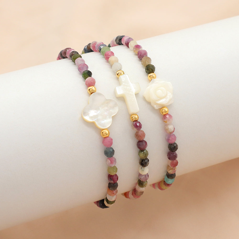 Tourmaline Natural Stone Shell Charms With 925 Sterling Silver Beads Elastic Bracelet