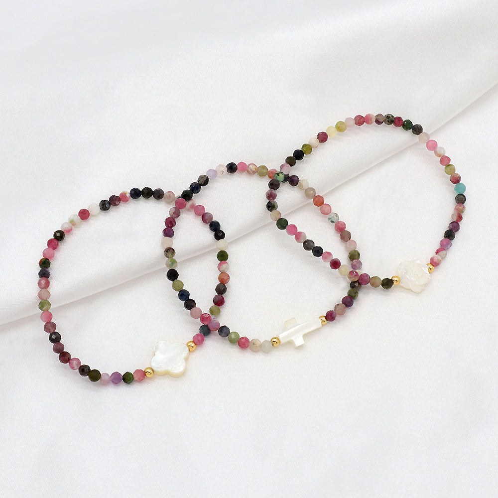 Tourmaline Natural Stone Shell Charms With 925 Sterling Silver Beads Elastic Bracelet