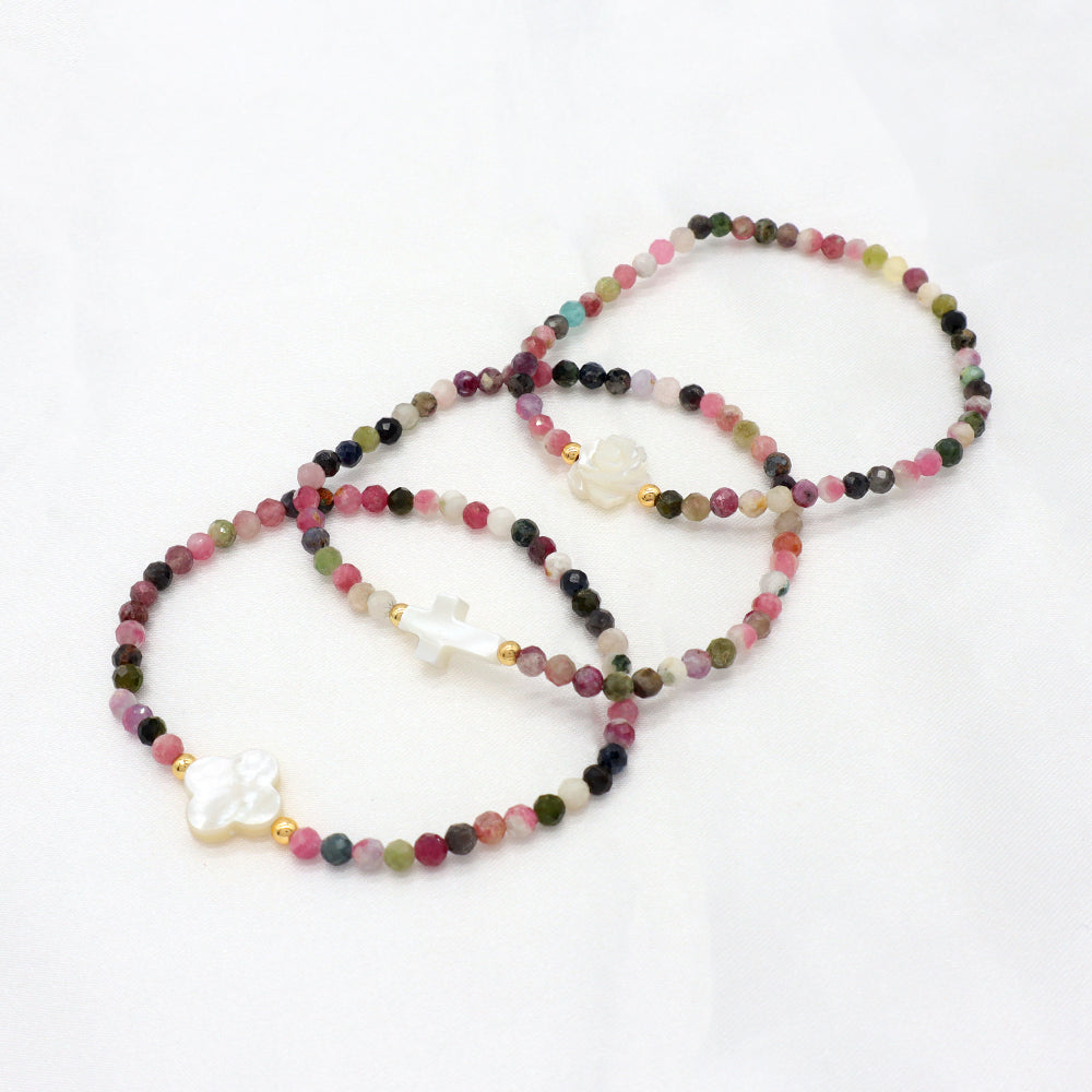 Tourmaline Natural Stone Shell Charms With 925 Sterling Silver Beads Elastic Bracelet