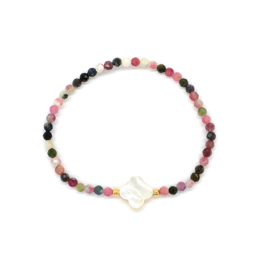 Tourmaline Natural Stone Shell Charms With 925 Sterling Silver Beads Elastic Bracelet