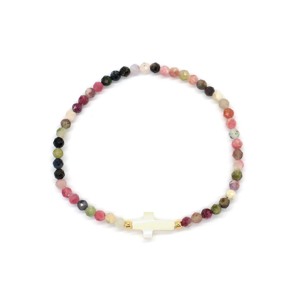 Tourmaline Natural Stone Shell Charms With 925 Sterling Silver Beads Elastic Bracelet