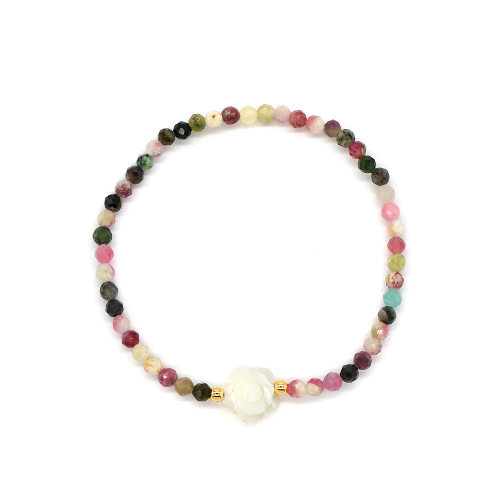 Tourmaline Natural Stone Shell Charms With 925 Sterling Silver Beads Elastic Bracelet