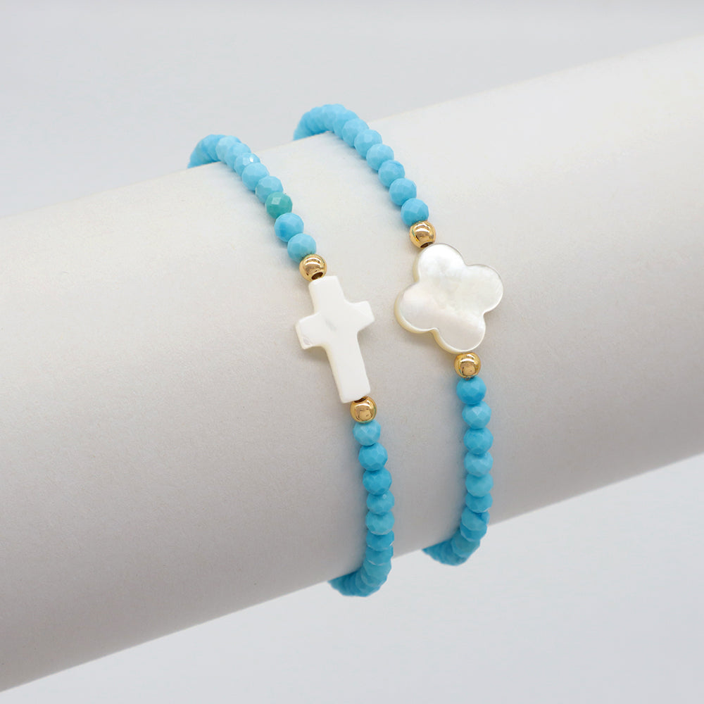 Blue Turquoise Natural Stone Shell Charms With 925 Sterling Silver Beads Elastic Bracelet