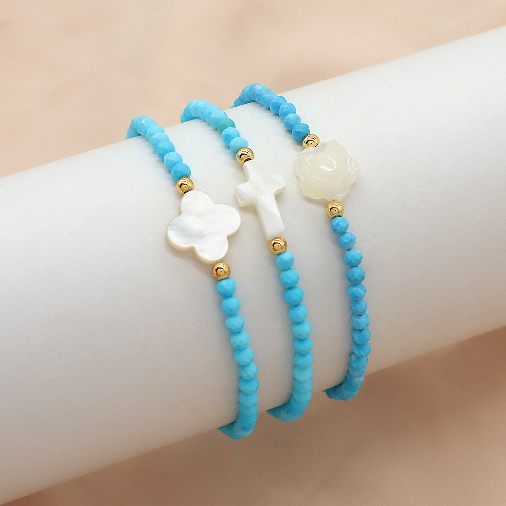 Blue Turquoise Natural Stone Shell Charms With 925 Sterling Silver Beads Elastic Bracelet