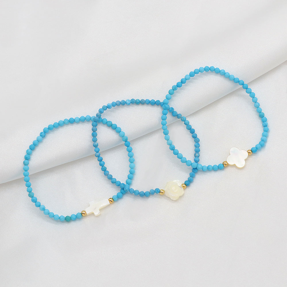 Blue Turquoise Natural Stone Shell Charms With 925 Sterling Silver Beads Elastic Bracelet