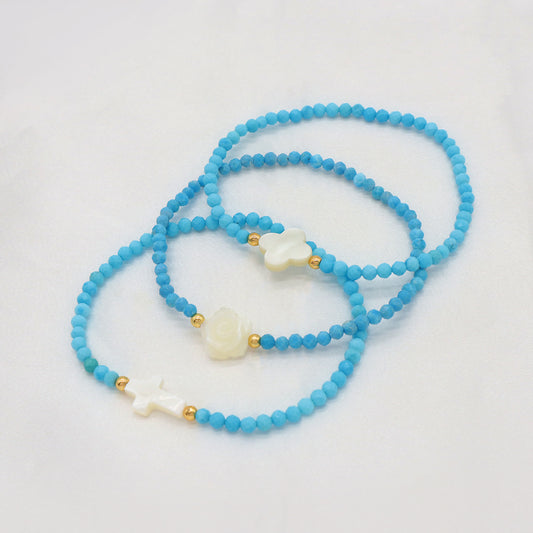 Blue Turquoise Natural Stone Shell Charms With 925 Sterling Silver Beads Elastic Bracelet