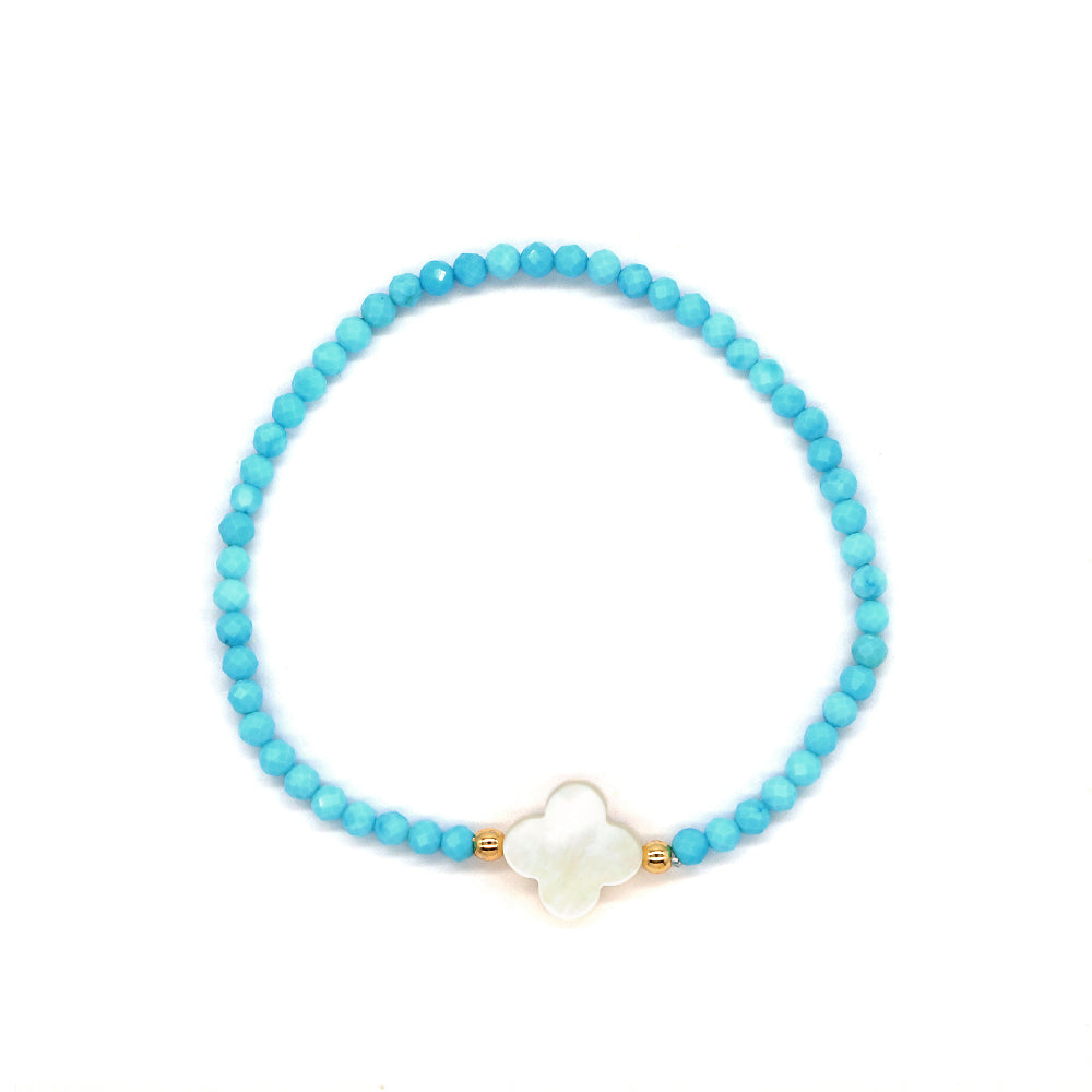 Blue Turquoise Natural Stone Shell Charms With 925 Sterling Silver Beads Elastic Bracelet