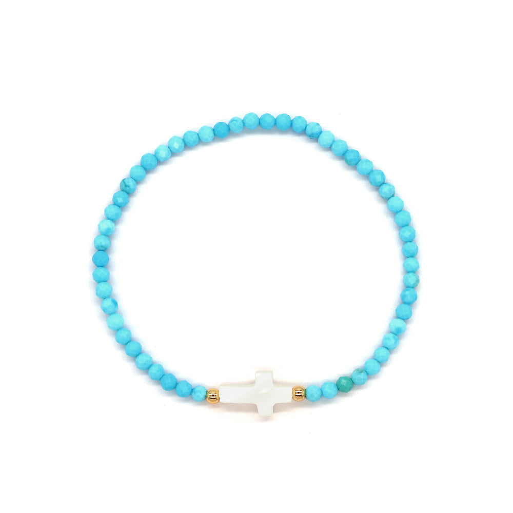 Blue Turquoise Natural Stone Shell Charms With 925 Sterling Silver Beads Elastic Bracelet