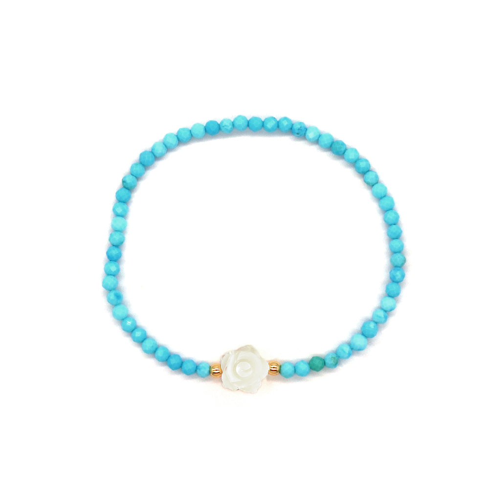 Blue Turquoise Natural Stone Shell Charms With 925 Sterling Silver Beads Elastic Bracelet