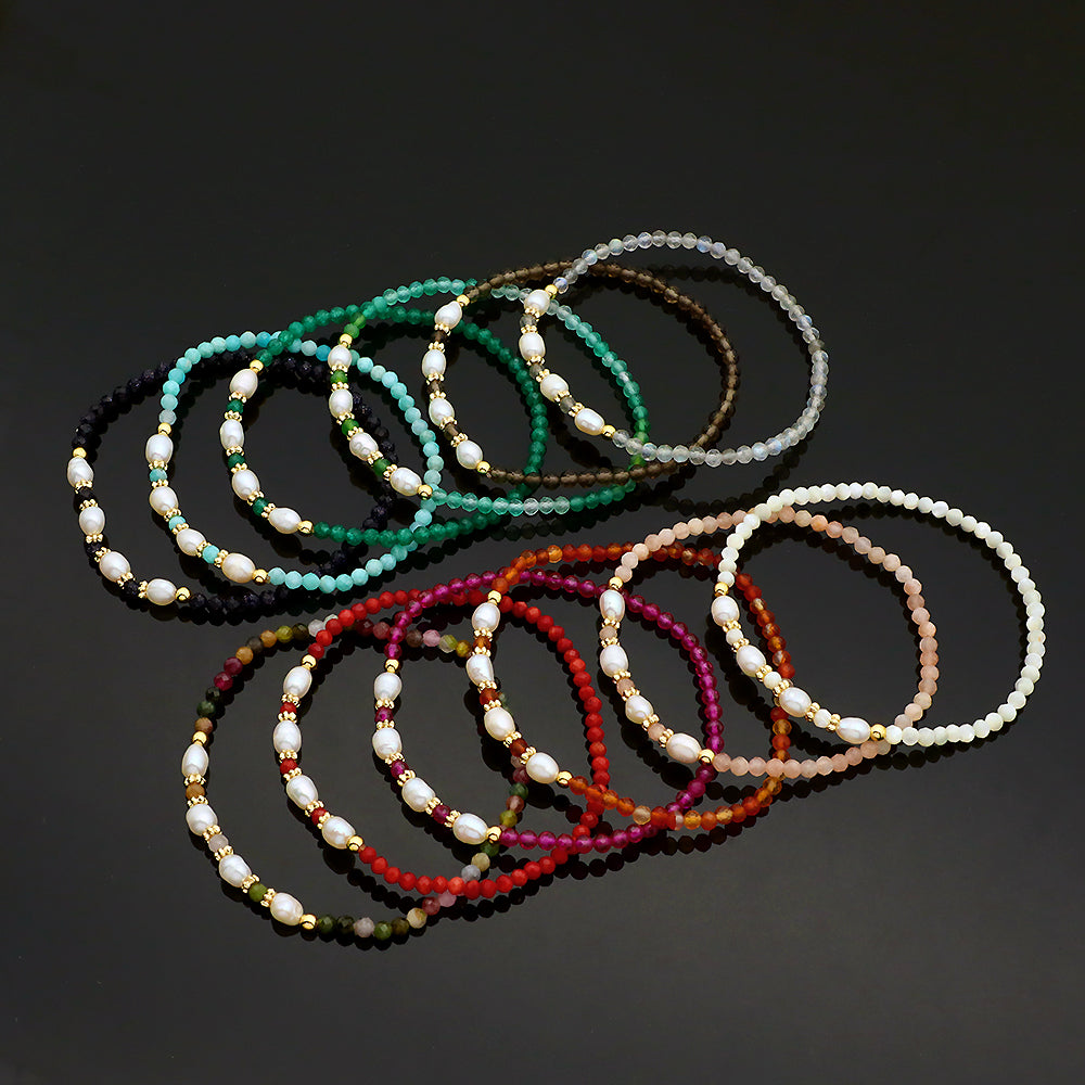 Natural Stone Fresh Water Pearl With 925 Sterling Silver Beads Bracelet
