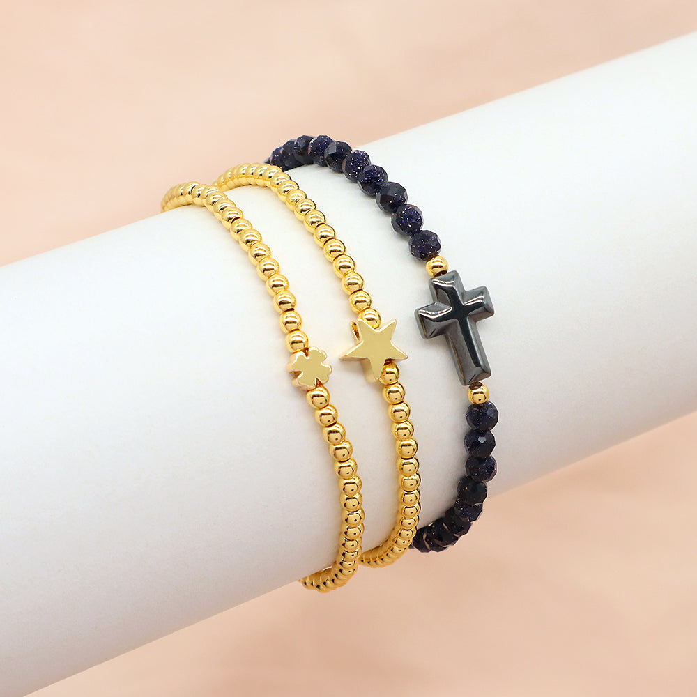 OEM Handmade Gold Plated Brass Charms Natural Stone Beaded Elastic Bracelet