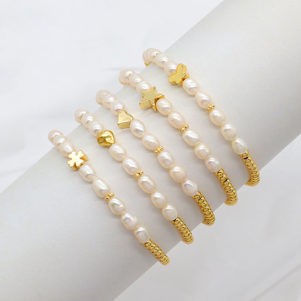 Fresh Water Pearl With Plated Gold Brass Beads Handmade Elastic Adjustable Bracelet