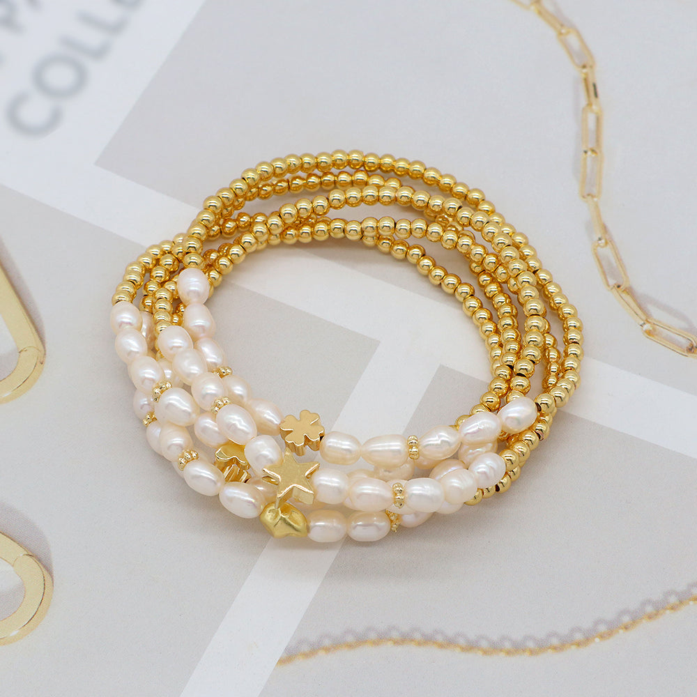 Fresh Water Pearl With Plated Gold Brass Beads Handmade Elastic Adjustable Bracelet