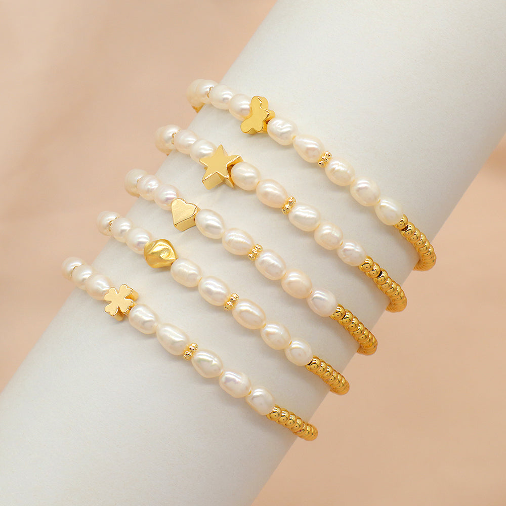 Fresh Water Pearl With Plated Gold Brass Beads Handmade Elastic Adjustable Bracelet