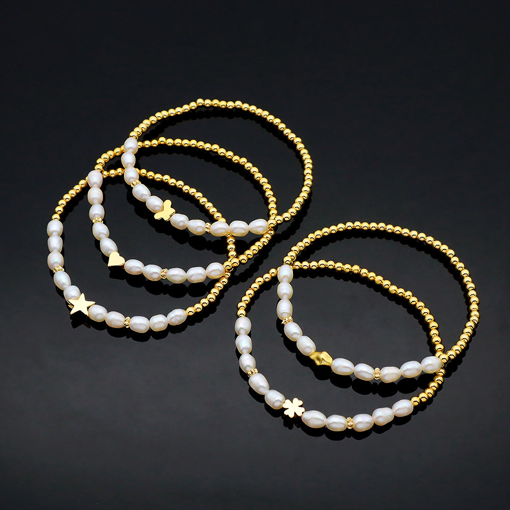 Fresh Water Pearl With Plated Gold Brass Beads Handmade Elastic Adjustable Bracelet