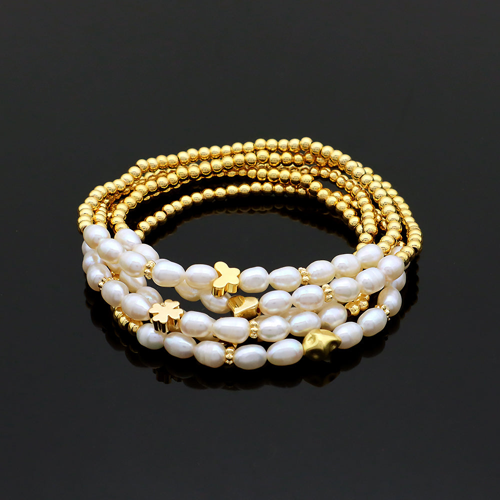 Fresh Water Pearl With Plated Gold Brass Beads Handmade Elastic Adjustable Bracelet