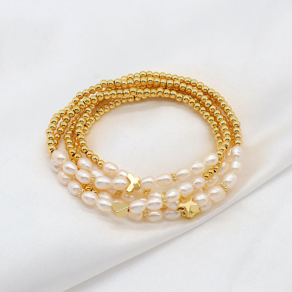 Fresh Water Pearl With Plated Gold Brass Beads Handmade Elastic Adjustable Bracelet